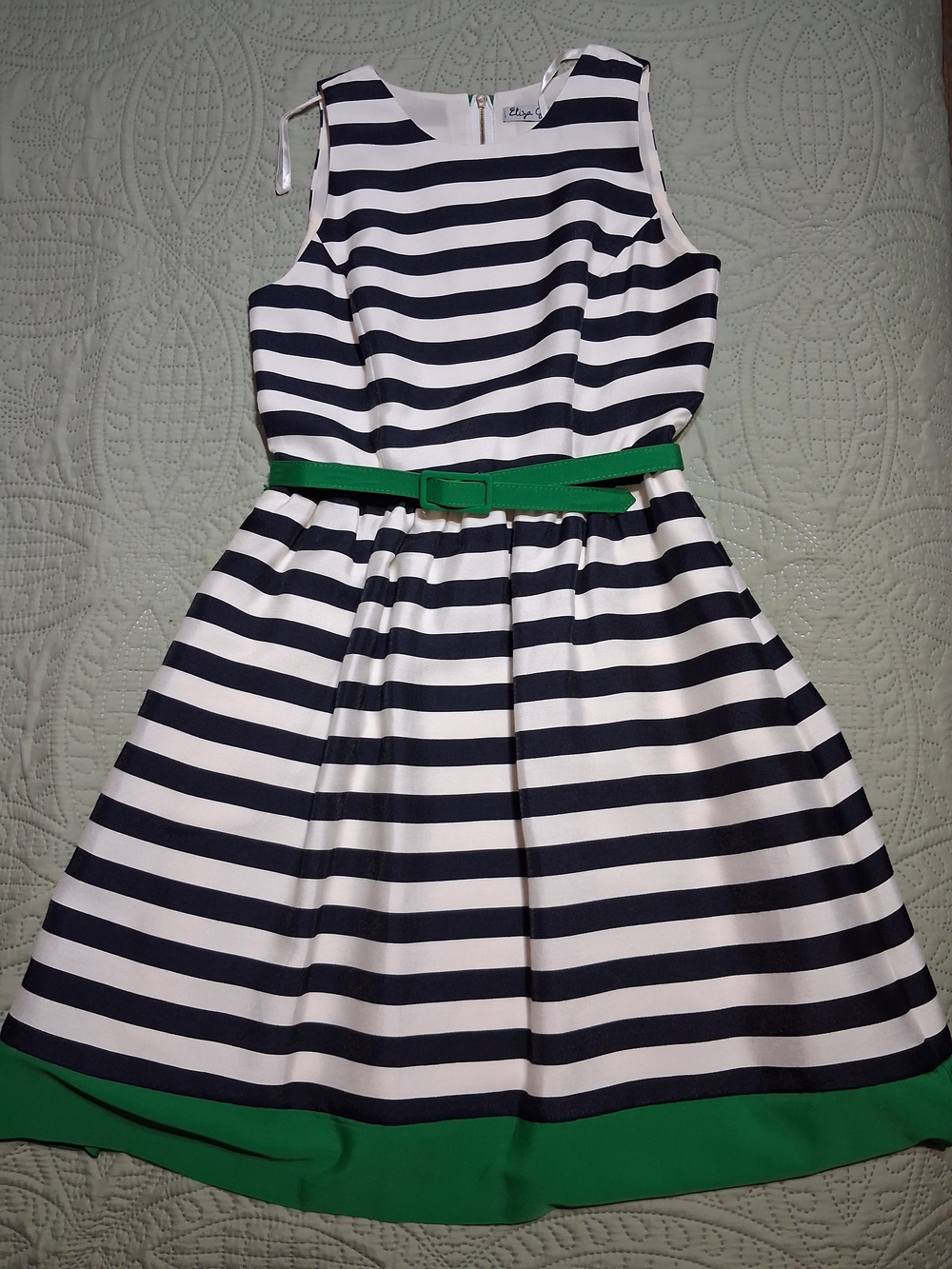 Eliza J Navy and White Striped Midi Dress with Green Belt - Picture 3 of 4